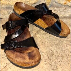 BIRKENSTOCK Black Leather Salina 2 Asymmetric Adjustable Straps 39/8.5